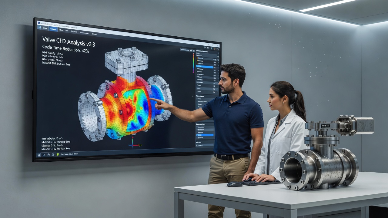 Detailed 3D simulation results displayed on a workstation screen during valve prototype review