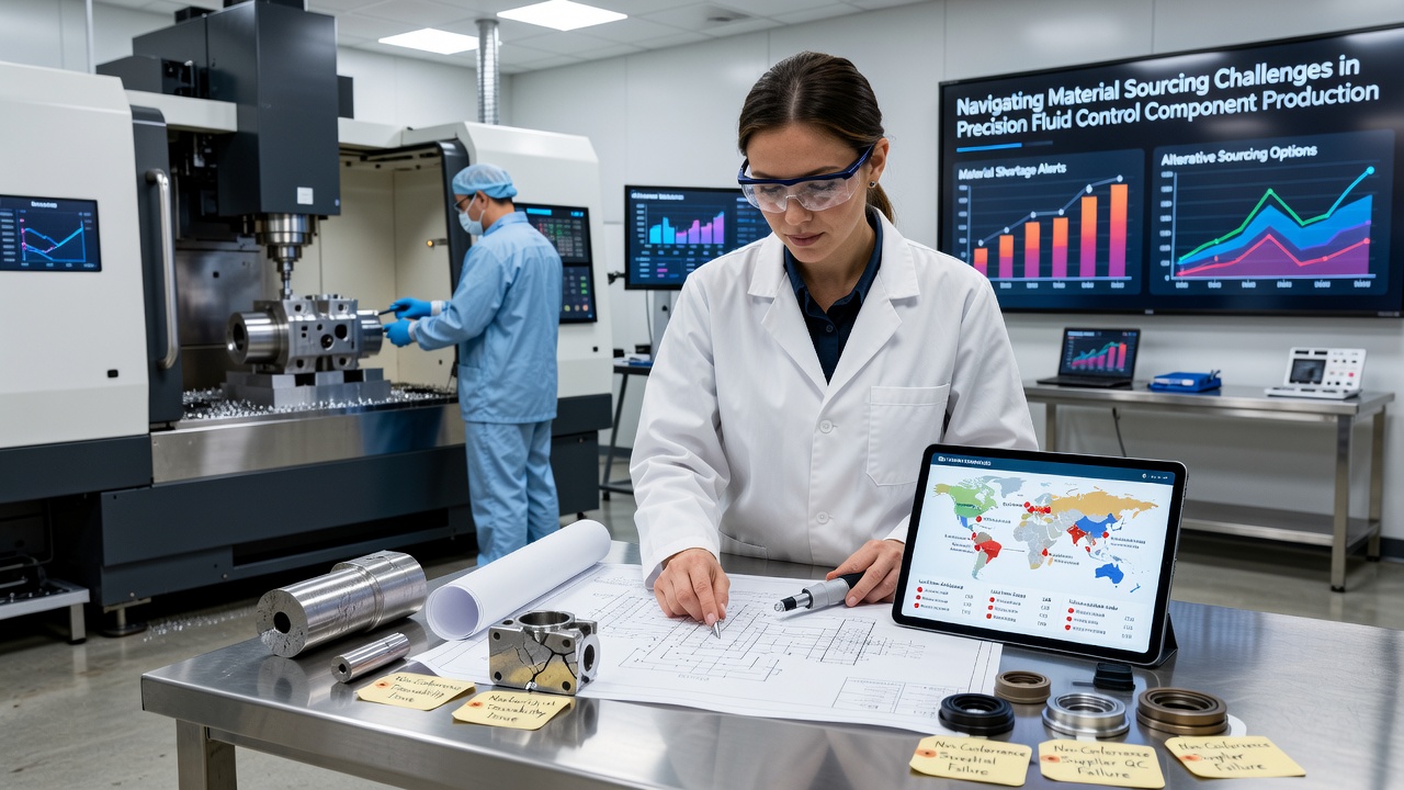Close-up of material testing equipment verifying alloy composition for fluid control parts