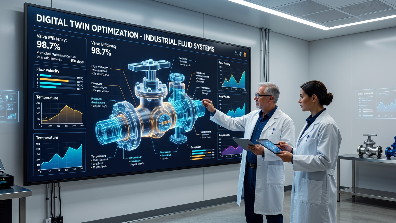 Close-up of sensor-equipped industrial valve connected to a digital twin dashboard displaying flow optimization metrics